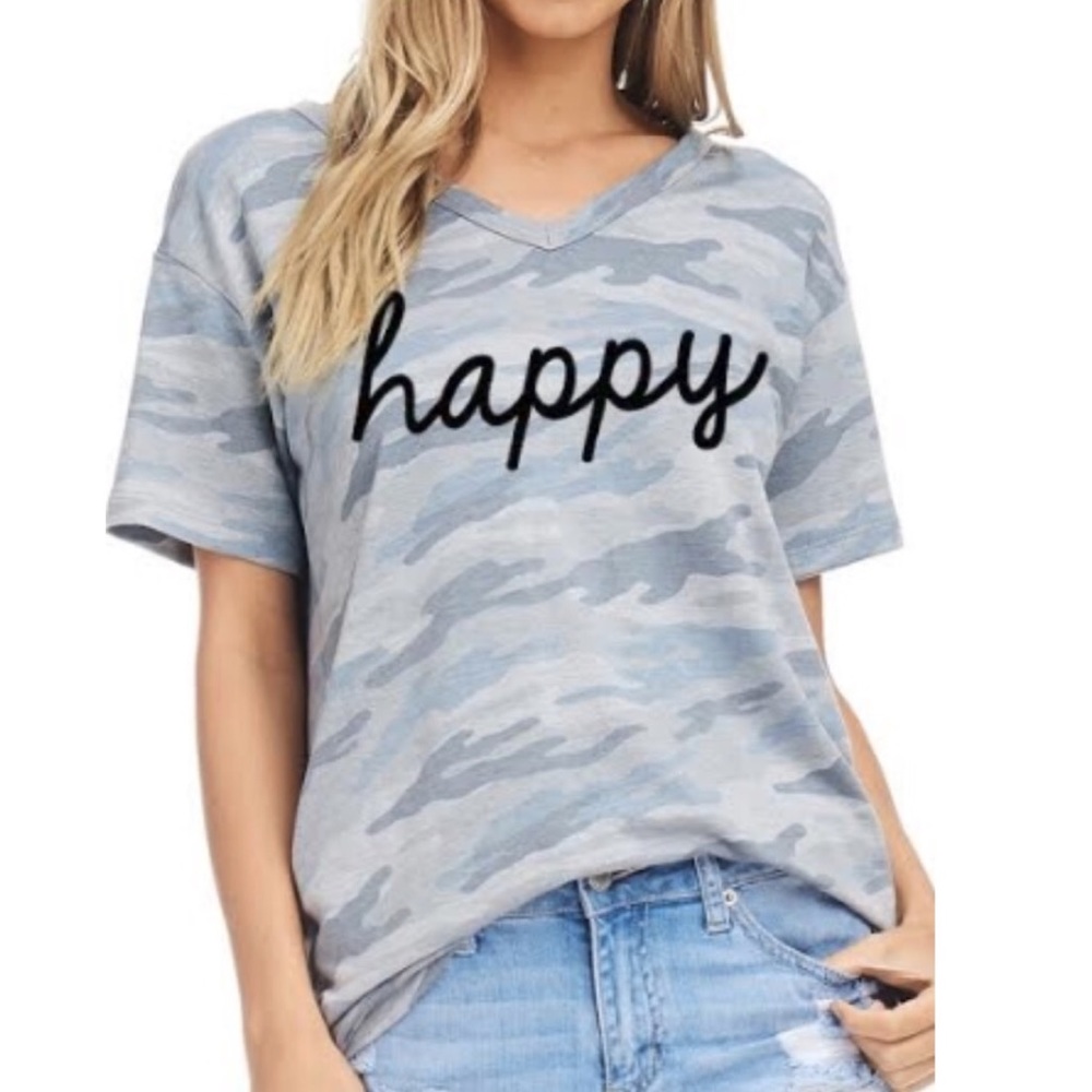 NEW Happy Graphic Camo V-Neck Top